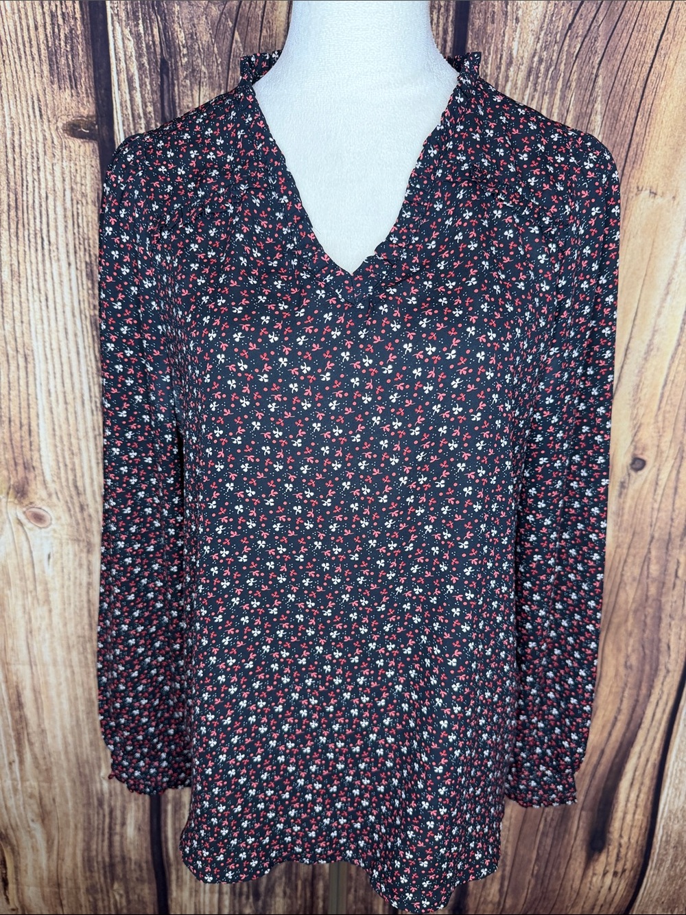 LOFT Black Floral V-Neck Long Sleeve Blouse with Red and White Flowers